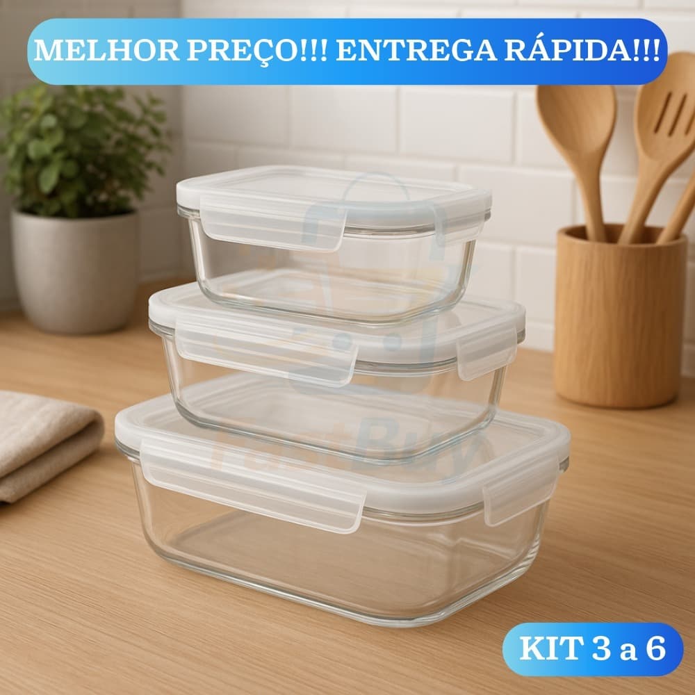 Conjunto 3 Potes Vidro Hermético Mantimentos Marmita Fitness Vai ao Forno Microondas Retangular
