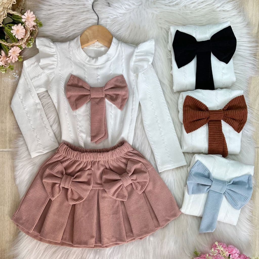 Conjunto Veludo Moda Infantil Para Meninas Blusa Manga Longa + Saia com Laços Look Delicado e Elegante