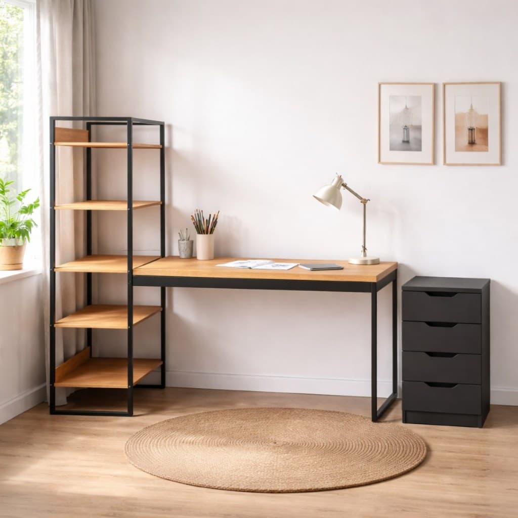 Kit Mesa Escritório 140cm Estante Integrada E Gaveteiro 4 Gavetas Home Office Completo Organizador