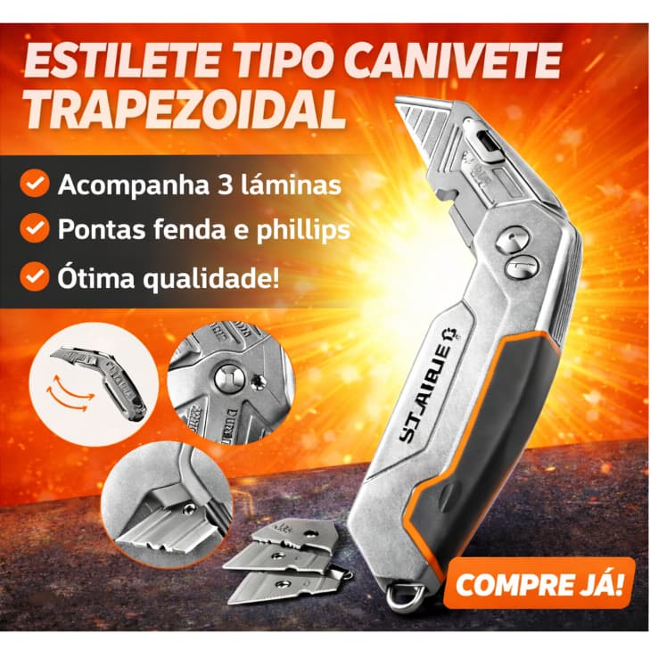 Estilete Trapezoidal com 3 Laminas e Pontas Phillips e Fenda Starfer Profissional