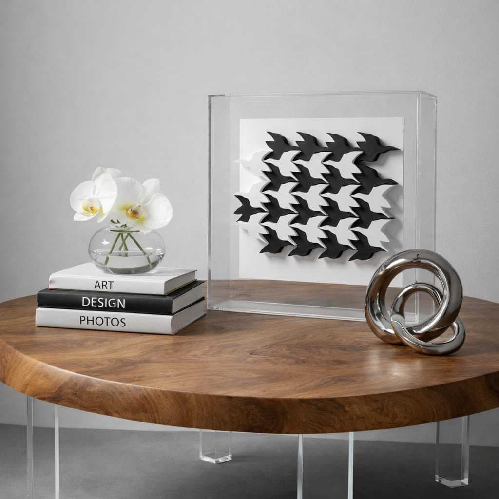 Escultura decorativa  3D em acrílico transparente 20x20x4 cms - Arte Moderna Minimalista Preto e Branco