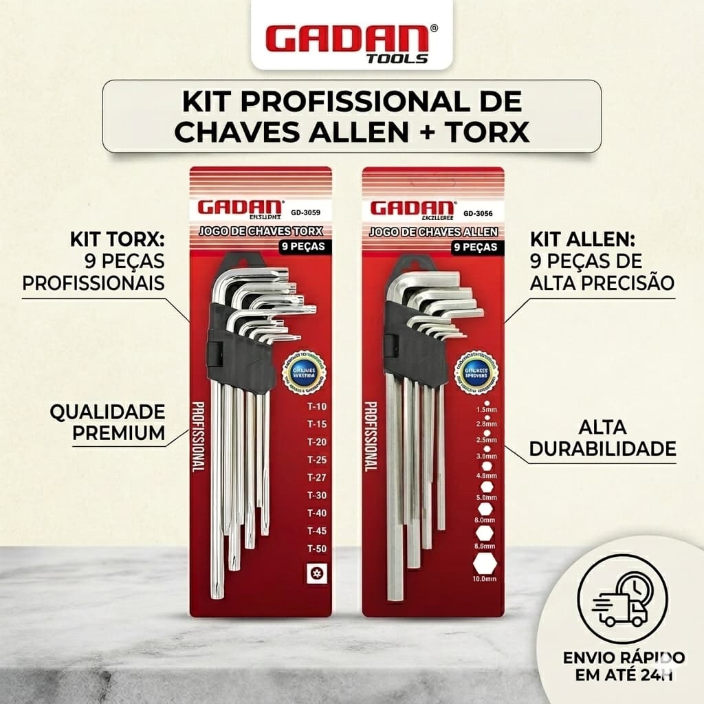 Jogo Chave Allen e Torx Gadan 9 Peças Média/Longa Kit Profissional Aço Resistente