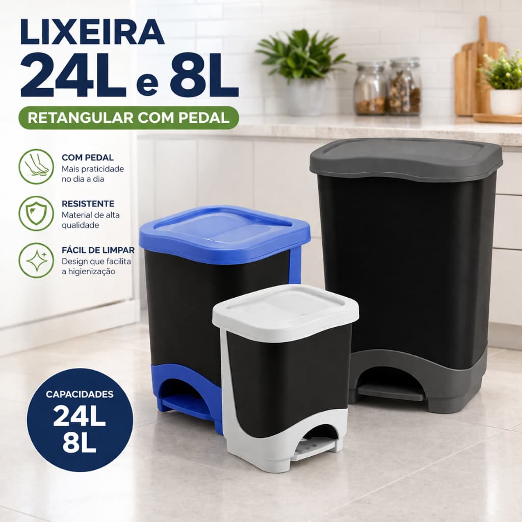 Lixeira 24 L Retangular com Pedal 24 Litros - Cesto Removível