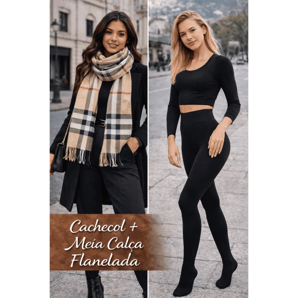 Kit Inverno Meia Calça Flanelada + Cachecol Xadrez Feminino Conforto Estilo no Frio