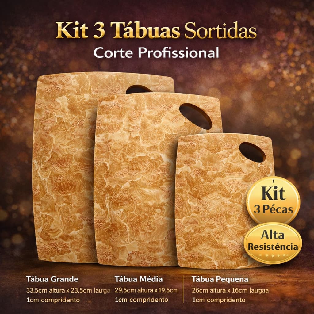 Kit 3 Tábuas de Corte Cozinha Profissional Resistente Grande Média Pequena Multiuso Alta Durabilidade MDF