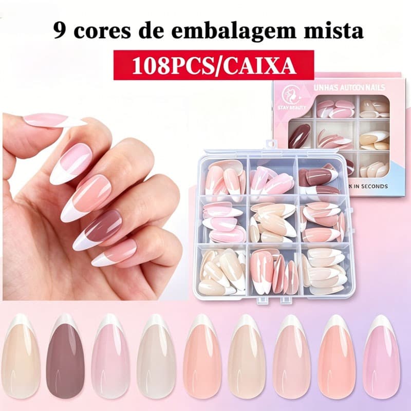 Unhas postiças de amêndoa com 108 pcs com 9 cores e 10 tamanhos
