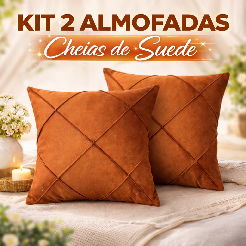 Kit 02 Almofadas Cheias Drapeadas em Suede 45x45cm Sala Sofá Quarto