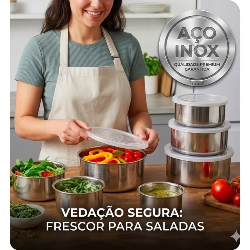 Kit 5 Potes Herméticos Redondos de Inox com Tampas Vedantes.