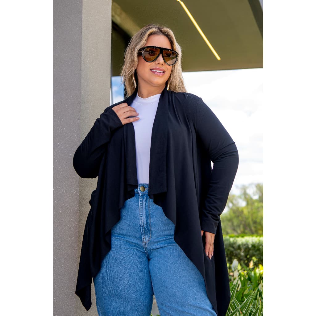 Cardigan Plus Size Feminino Alongado Liso Conforto Dia a Dia Casual Moda Inverno Elegante