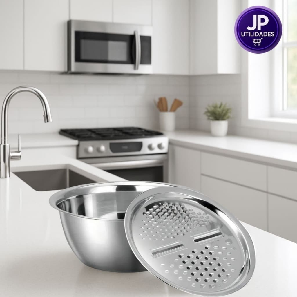 Bacia Raladora Inox 2 em 1 Fatiador Tigela com Ralador Cozinha Multiuso Resistente Queijo Legumes
