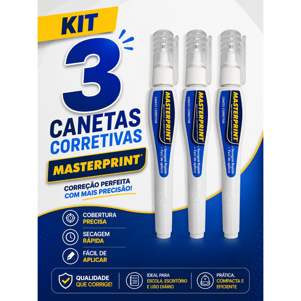 Kit 3 Canetas Corretiva 7ml Corretivos em Caneta Masterprint