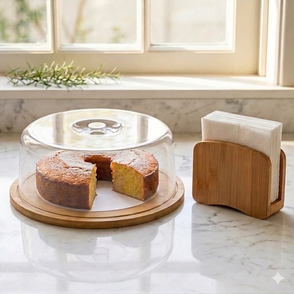Kit Boleira com Tampa Acrílica + Porta Guardanapo Bambu  Mesa Posta Cozinha Decorada 100% Ecológico