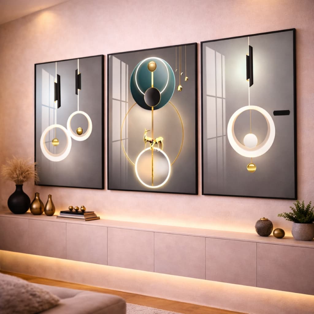 Quadro Decorativo Gold Arte Abstrato Cinza Sala 3 Peças Hd