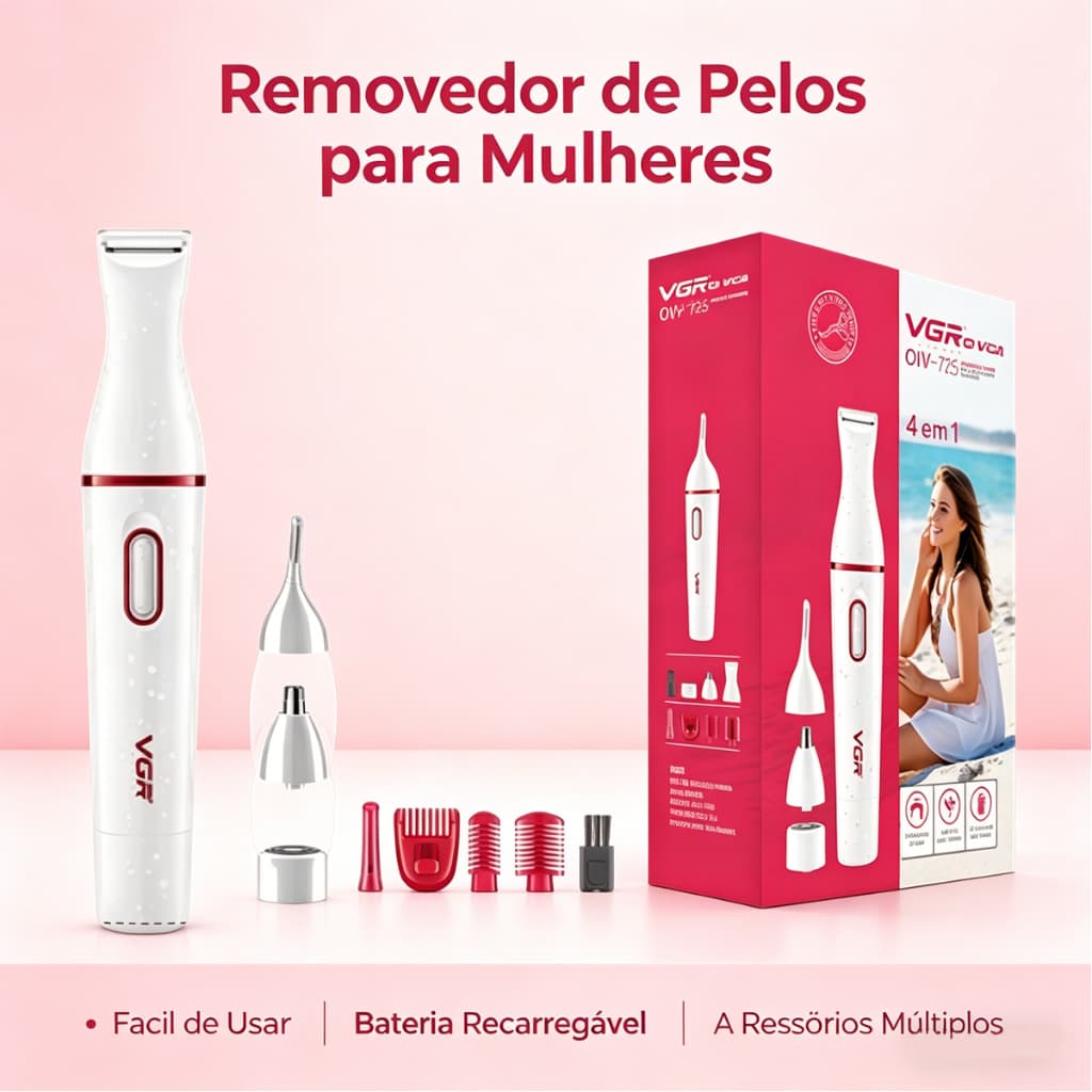 Removedor de Pelos 4 em 1 VGR para Mulheres, Recarregável e Multifuncional para Corpo e Rosto