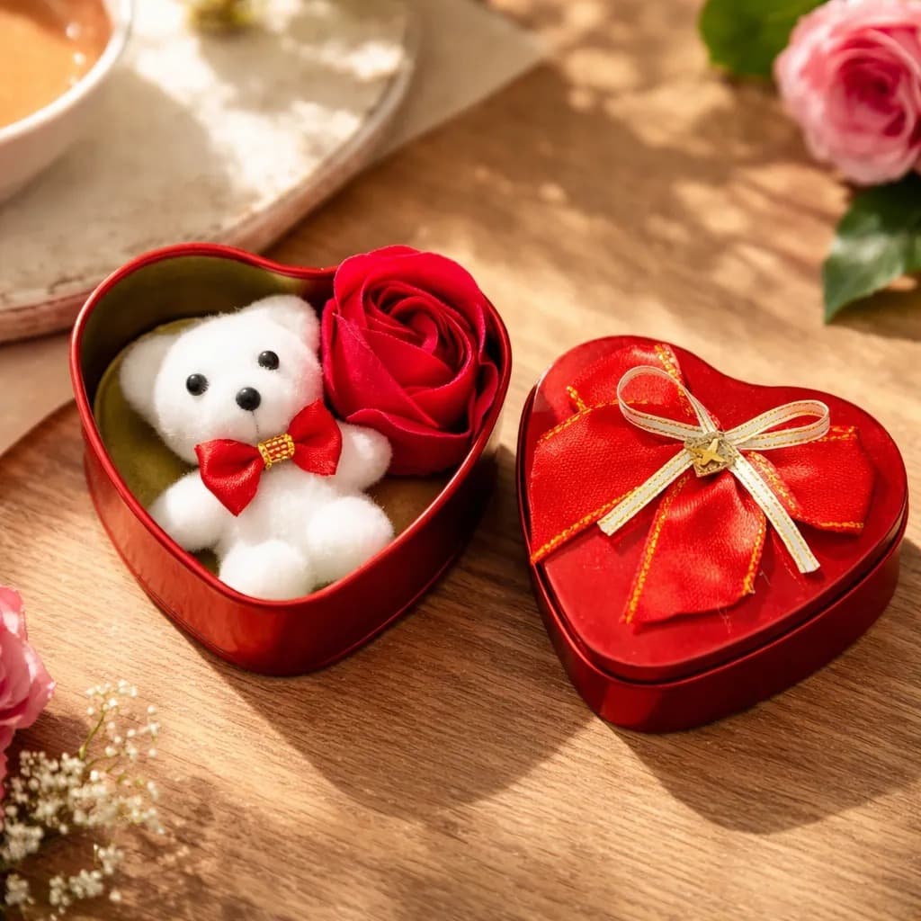 Caixa De Presente Mini Coração Com Urso E Rosa