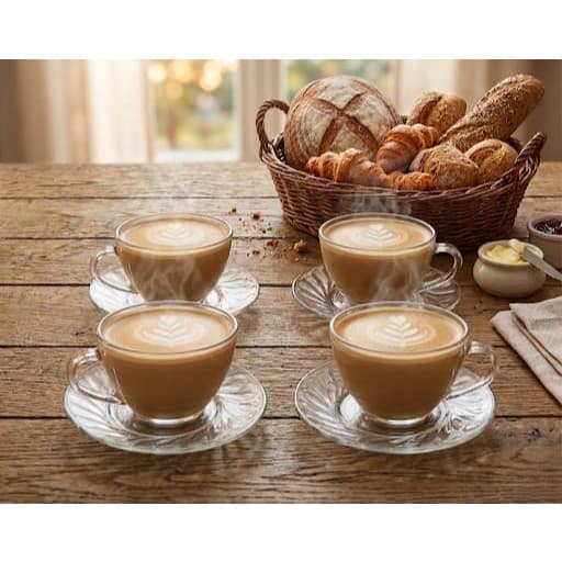 Jogo Kit de 4 Xícaras de Chá e Café com Pires Vidro Trabalhado Rubi 230ml Original Glass