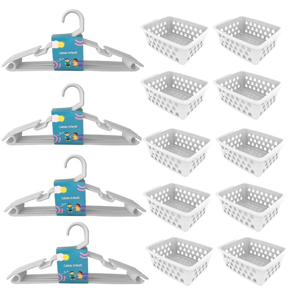 Kit Organização Bebê 10 Cestos Branco + 20 Cabides Infantil Closet Gaveta