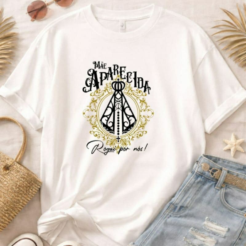 Camiseta Blusa Camisa Unissex Mãe Aparecida Nossa Senhora Fé Religiosa Católica Igreja Casual Algodão