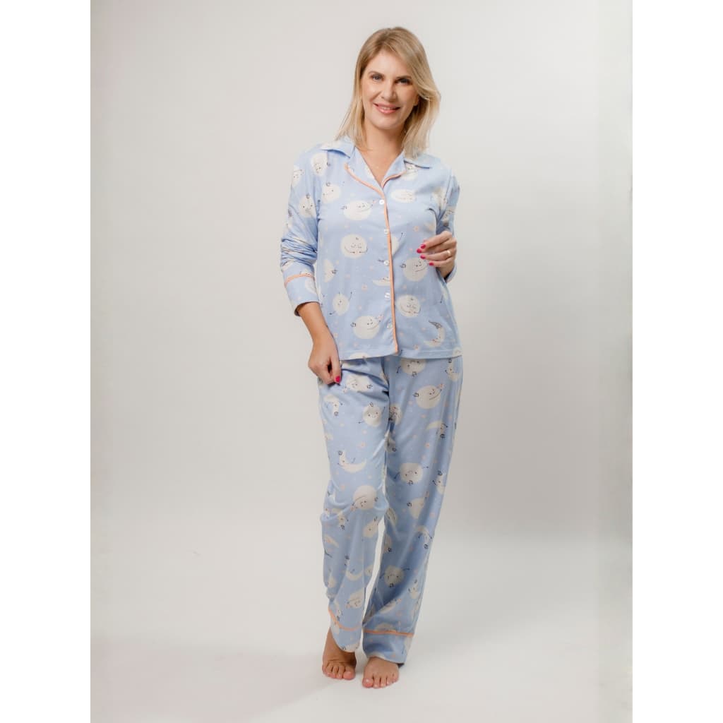 Pijama Feminino Americano Longo Botões Frente Algodão Pós-Cirúrgico Amamentação Inverno - Lua Azul
