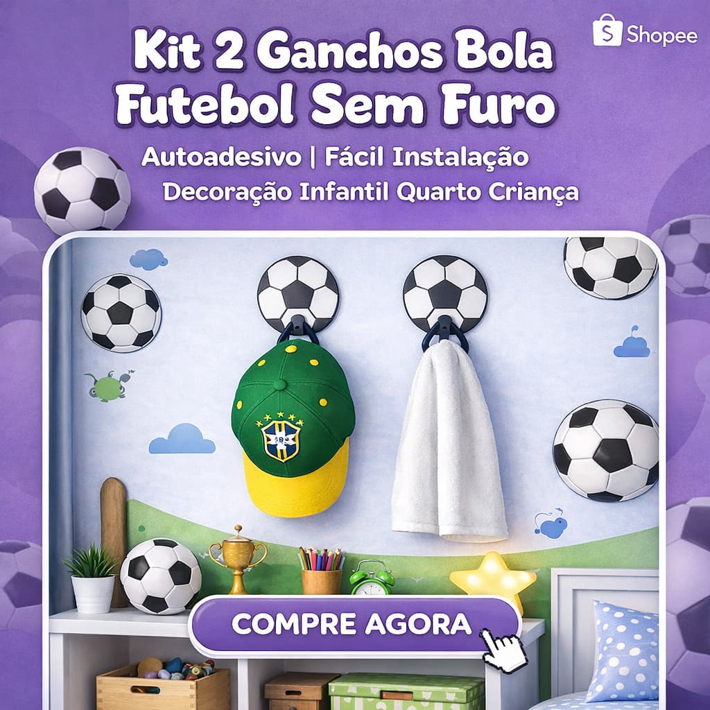 Kit 3 Ganchos Bola Futebo e Basquetel Sem Furo Autoadesivo Infantil