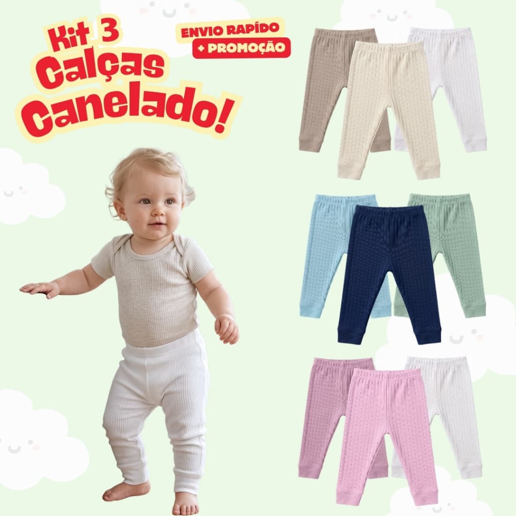 Kit 3 Mijão Calça Bebê Canelado 100% Algodão Confortável Menino Menina Unissex (0-12 Meses)