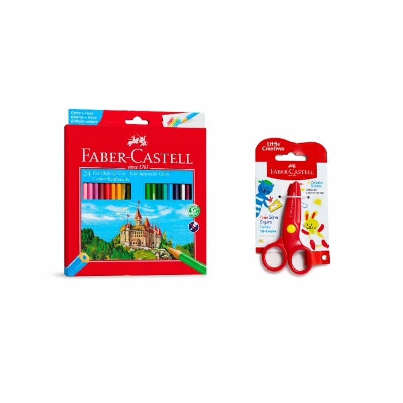 Kit. Lapis de cor Faber Castell 24 Cores Sextavado + Tesoura Escolar Super Segura Faber Castell