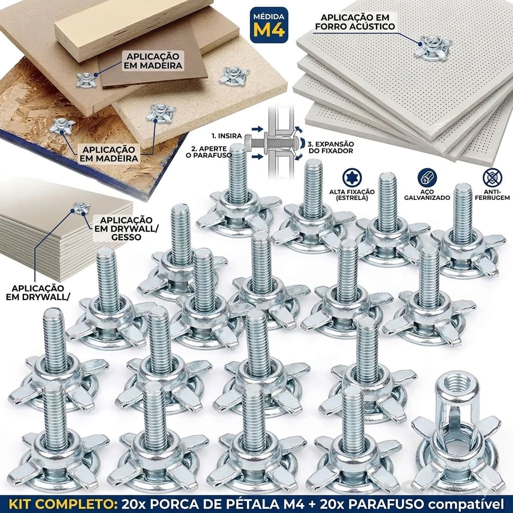 KIT 20 PEÇAS PORCA DE PÉTALA M4 AÇO CARBONO FIXADOR EXPANSÃO ANTIFERRUGEM