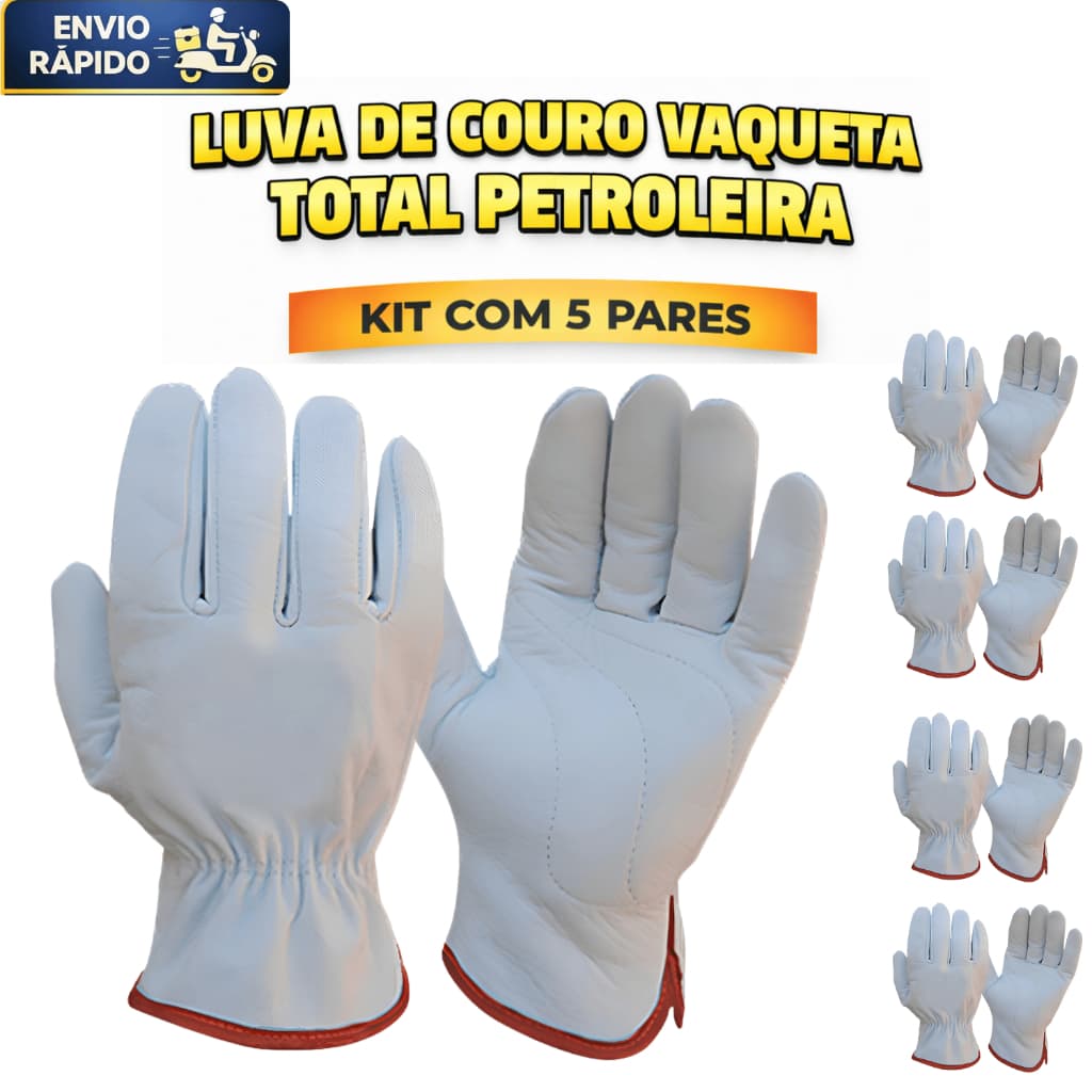 5 Pares Luva Segurança Couro Vaqueta Total Petroleira Couro Reforço Proteção EPI Resistência Pesado