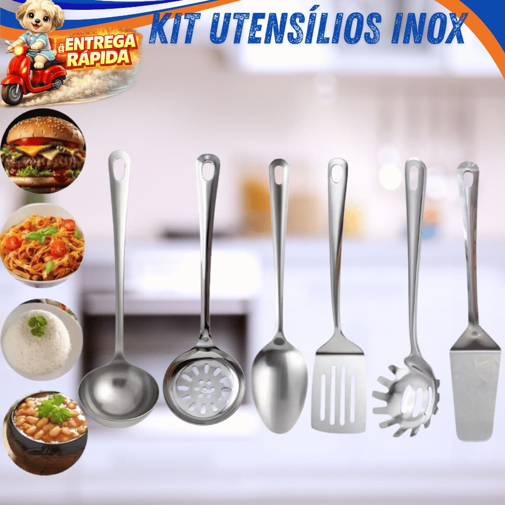 KIT DE COZINHA DE INOX COMPLETO 6 4 PEÇAS COLHER ARROZ CONCHA ESCUMADEIRA ESPATULAS PEGADOR DE MASSA