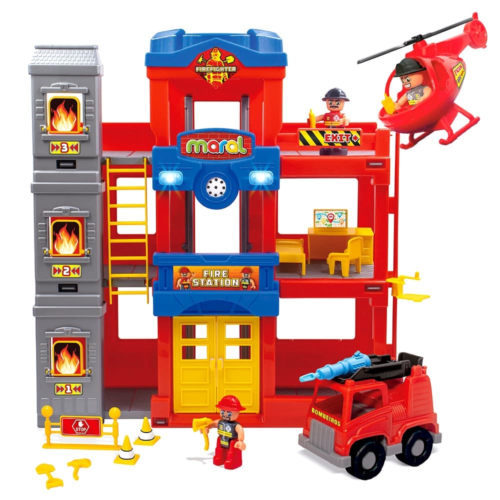 Quartel Dos Bombeiros Maral Fire Station com Helicóptero Acessórios Luzes e Som