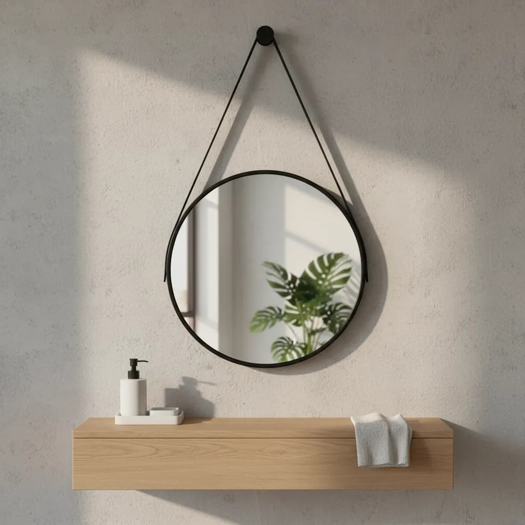 Espelho Redondo 45cm 60cm Alça Couro Parede Banheiro Lavabo Triax Com Pendurador Adnet