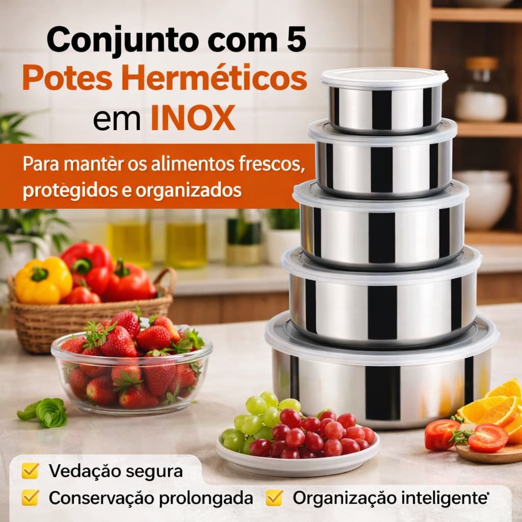 Kit 5 Potes Herméticos Inox Redondos Tampa Vedação Marmita, Trabalho, Cozinha Organização