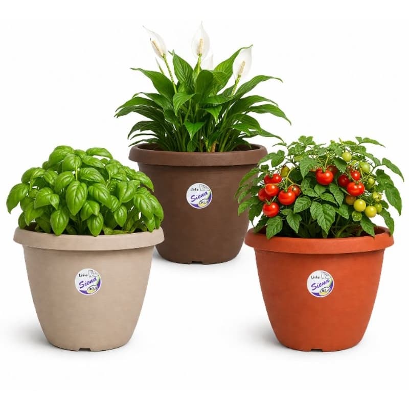 Kit com 3 vasos Siena nº15 Okla, resistentes, leves e modernos. Ideais para plantas e decoração. Envio rápido!