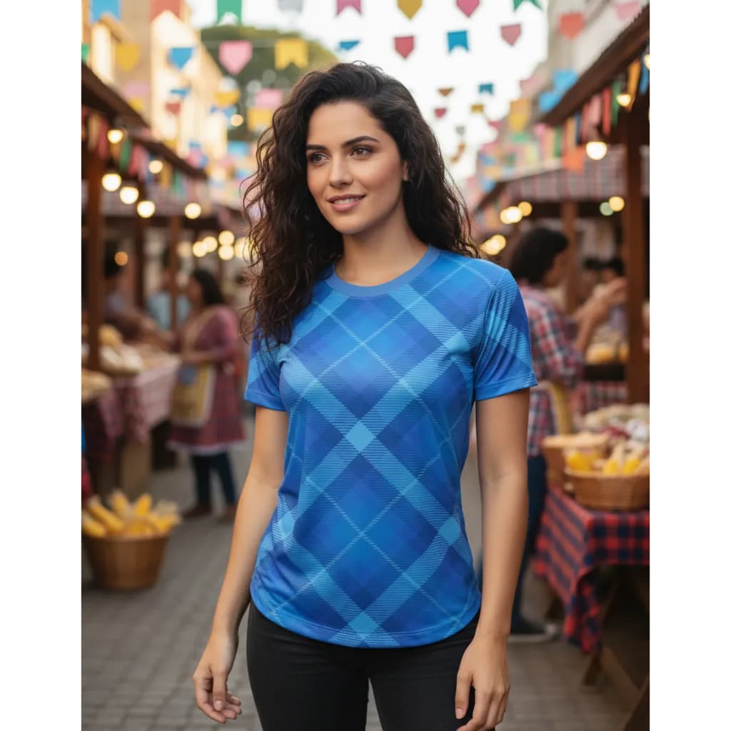 Camisa Xadrez Azul Camiseta Feminina Festa Junina Camisa Infantil