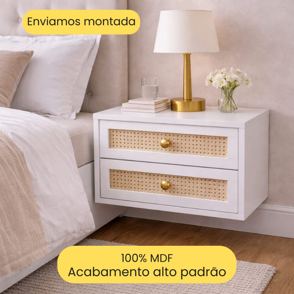 Mesa de cabeceira Suspensa ManiMobili MDF com Palha Indiana Já Montada Moderna Pronta para Parede