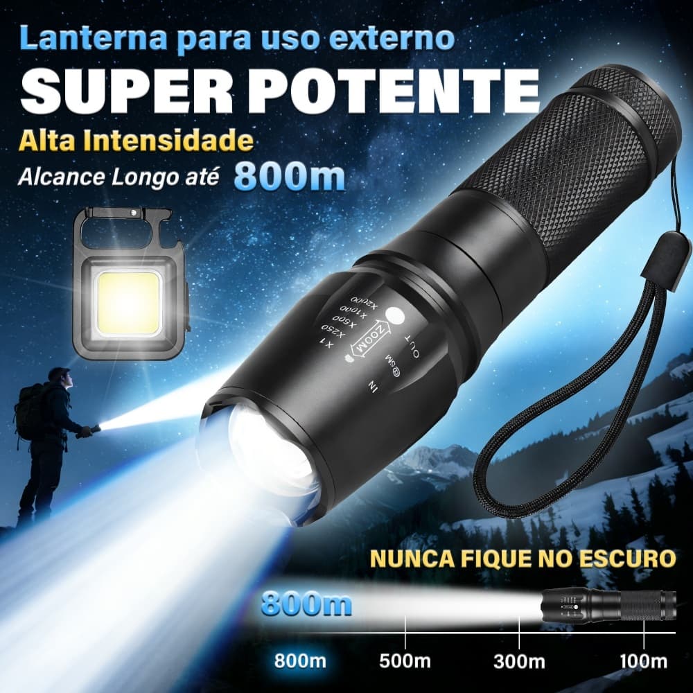 Kit Lanterna Tática Recarregável USB Zoom 5000 Lumens + Mini Lanterna Chaveiro COB LED