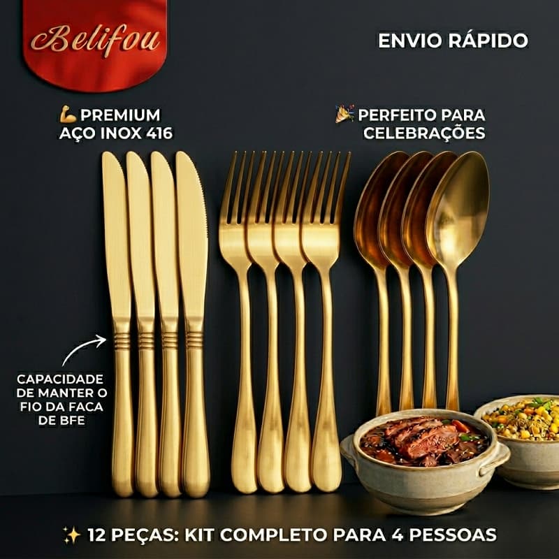 Belifou Kit 12 Jogo De Talheres Para Bife Premium Vesta Aço Inox 416 Dourado Luxo