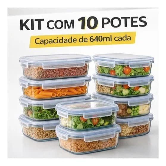 Kit 10 Potes Herméticos Vidro 640ml Tampa C/ Valvula Respiro Marmita Forno Micro-ondas Marca Ordez