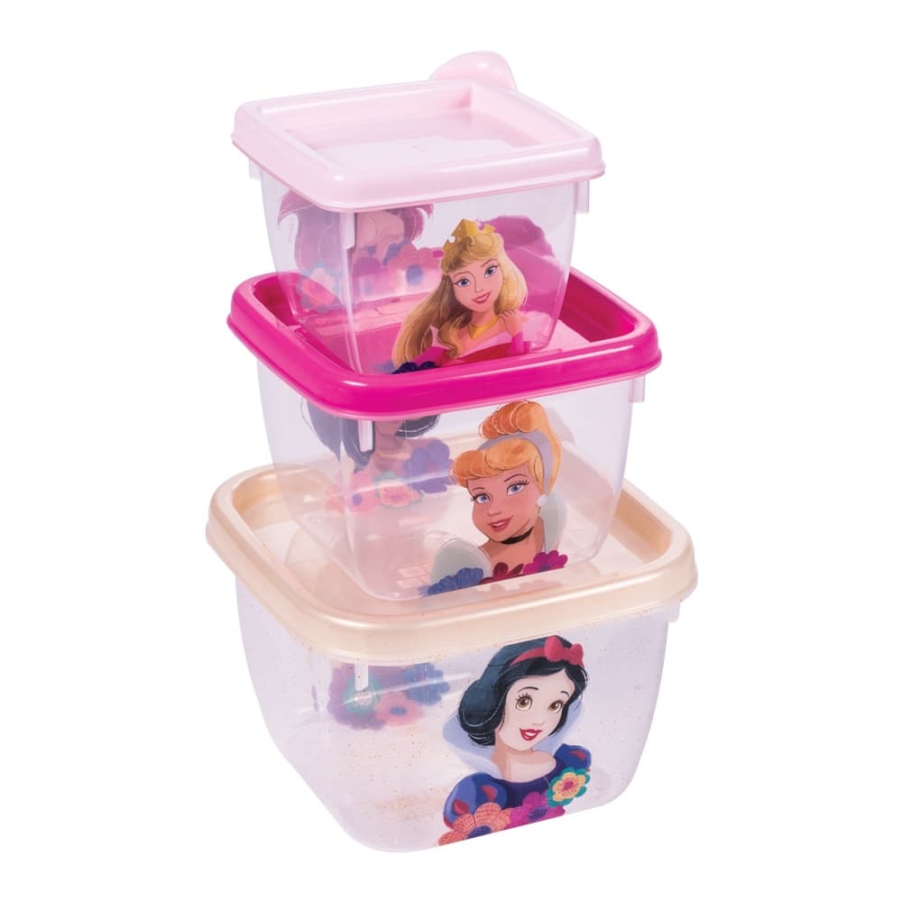 Kit 3 Potes Infantil Quadrados Princesas Disney Conect Com Tampa