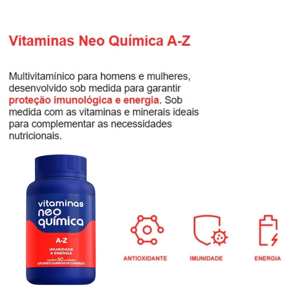 Vitaminas Neo Química A-Z 60 Comprimidos Imunidade Energia Multivitamínico Completo