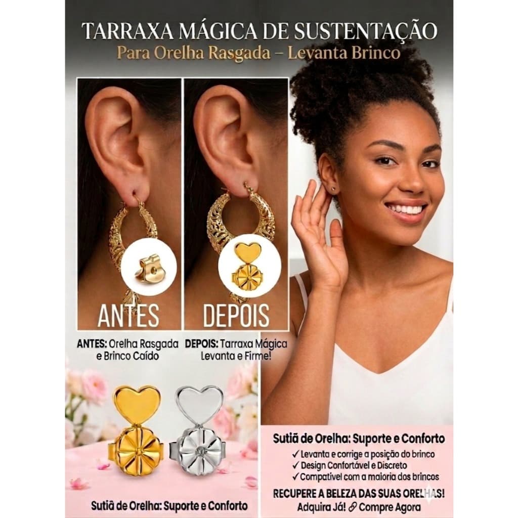 Tarraxa Mágica de Sustentação Orelha Rasgada Banhado a Ouro 18k Anti Alérgico