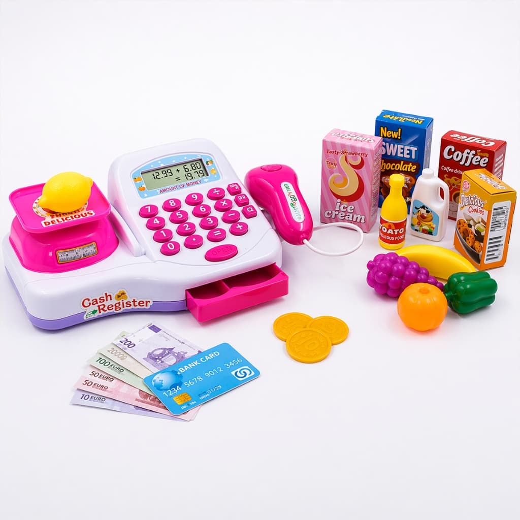Caixa Registradora Infantil Completa Com Calculadora Som de Bip Dinheirinho E Itens De Mercado