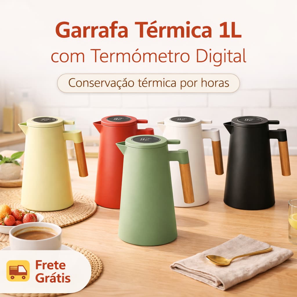 Garrafa Térmica 1 L com Termômetro Digital LED Design Moderno Cabo de Madeira Mantém Quente e Frio
