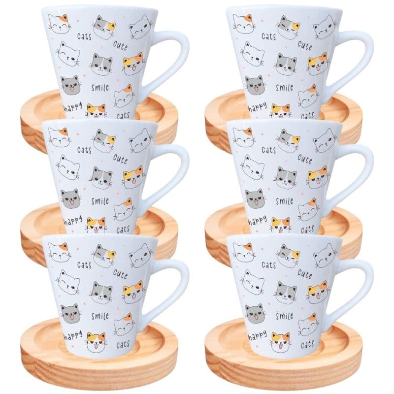 Jogo 6 Xicaras Porcelana 120ml Café Chá gato pet Cats