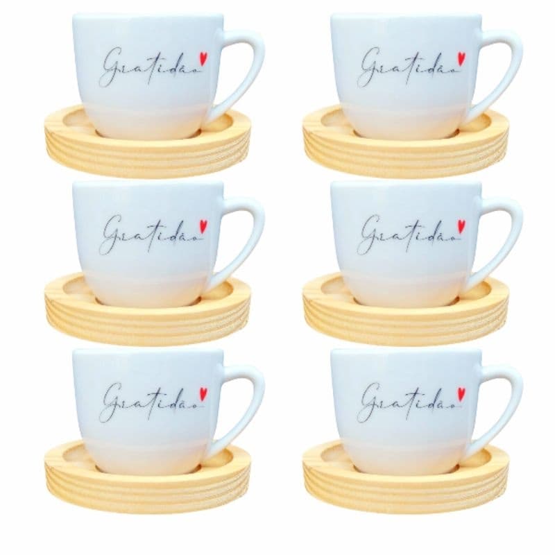 Jogo 6 Xícaras 170 mL Porcelana Pires Madeira Kit Caneca Café Chá Gratidão