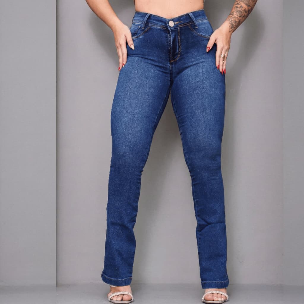 Calça Jeans Feminina Flare Cintura Alta Levanta Bumbum Lycra Boca de Sino Modeladora