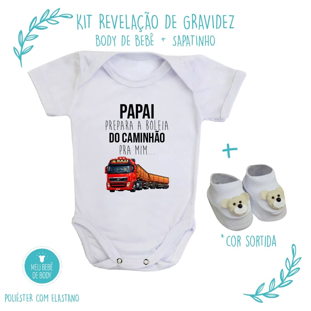 Kit Anúncio Gravidez Papai – Body Bebê Frase Caminhão + Sapatinho