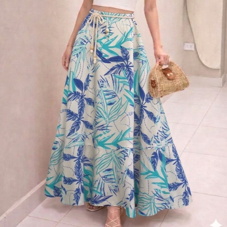 Saia Longa Floral Tropical Feminina Cintura Alta Leve Fluida Moda