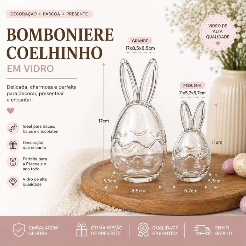 Bomboniere  Vidro Decorativo Coelhinho | Pote Porta Doces Páscoa | Decoração Fofa