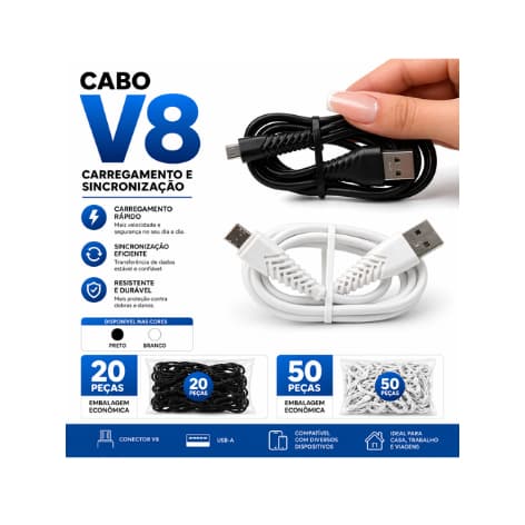 Kit Cabo V8 1m Reforçado 20 ou 50 Peças Alta Qualidade